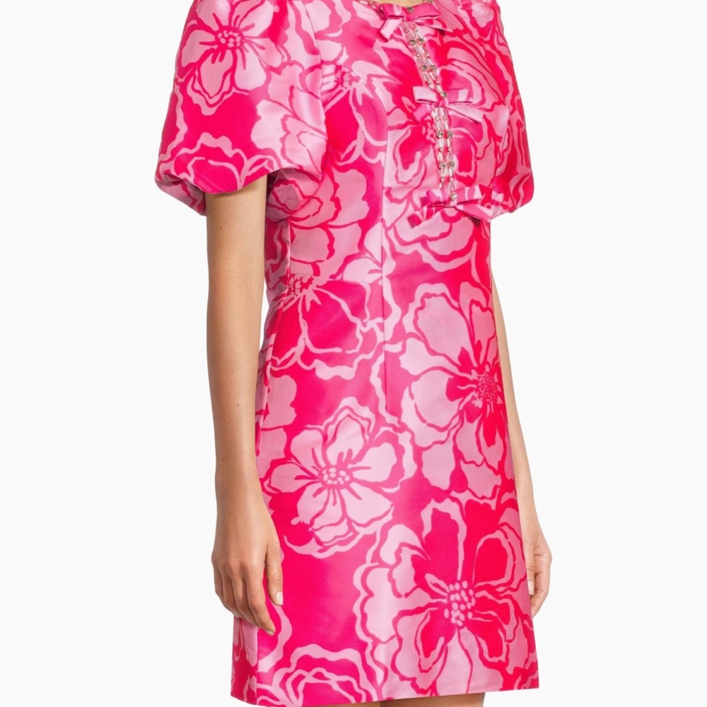 Lilly Pulitzer Hot Pink Floral Puff-Sleeve Mini Dress Reserve collection 6 - Picture 6 of 8